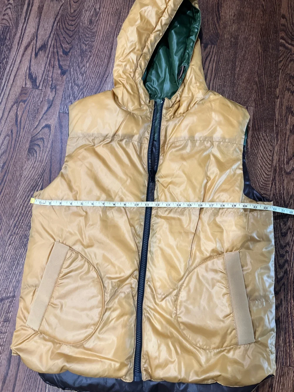 Rocawear Classic Sleeveless Puffer Vest with Hood in Olive, Brown, and Yellow